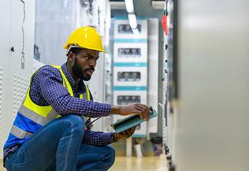 Man observes machinery with an ipad in hand, wearing a construction hat and vest on the left hand side of the image. 